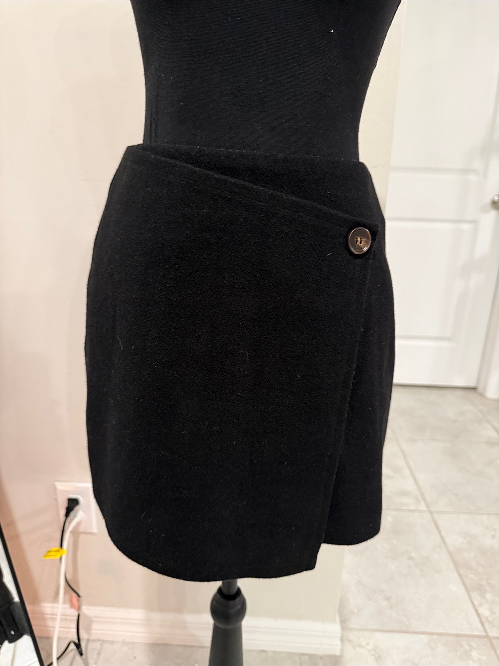 Commense Black Wrap Mini Skirt with Button Detail